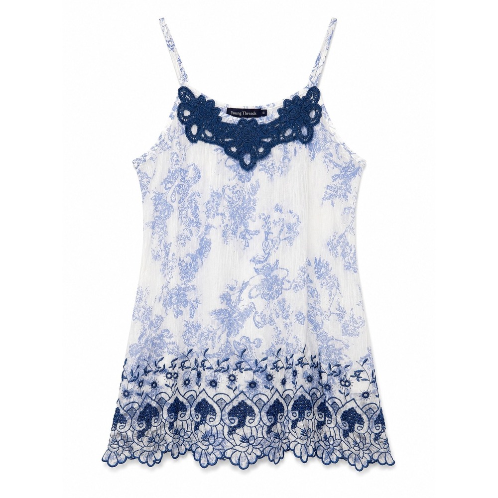 Young Threads Blue Floral Camisole Small Crochet Lace Trim Cottagecore Soft Girl